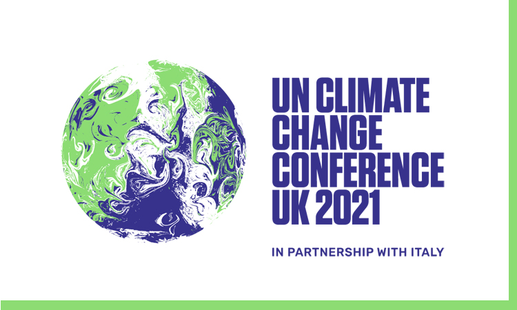 Abstrakte Weltkugel mit Schriftzug UN Climate Change Conference UK 2021