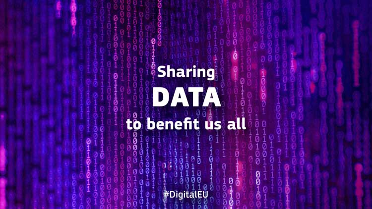 Schriftzug Sharing Data to benefit us all im Hintergrund violette Matrix
