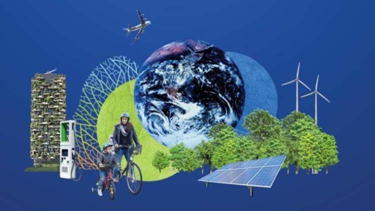 Collage der Erde mit umweltfreundlichen Technologien zur Energiegewinnung