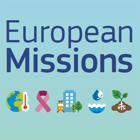 Schriftzug European Missions auf türkisem Hintergrund, darunter Symbole
