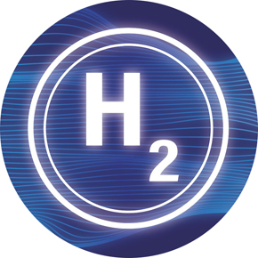 Weißer Schriftzug H2 in rundem dunkelblauen Kreis