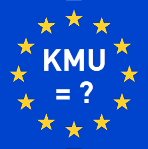 Schriftzug KMU=? auf blauem Hintergrund mit EU-Sternen