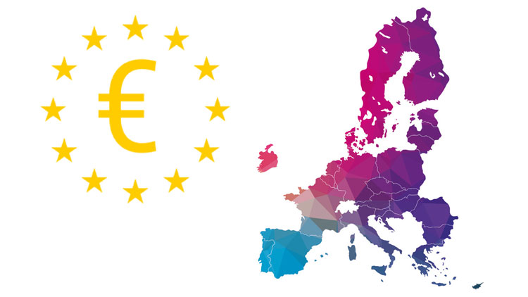 Grafische Darstellung der Europakarte mit Farbverlauf, großes Euro-Symbol